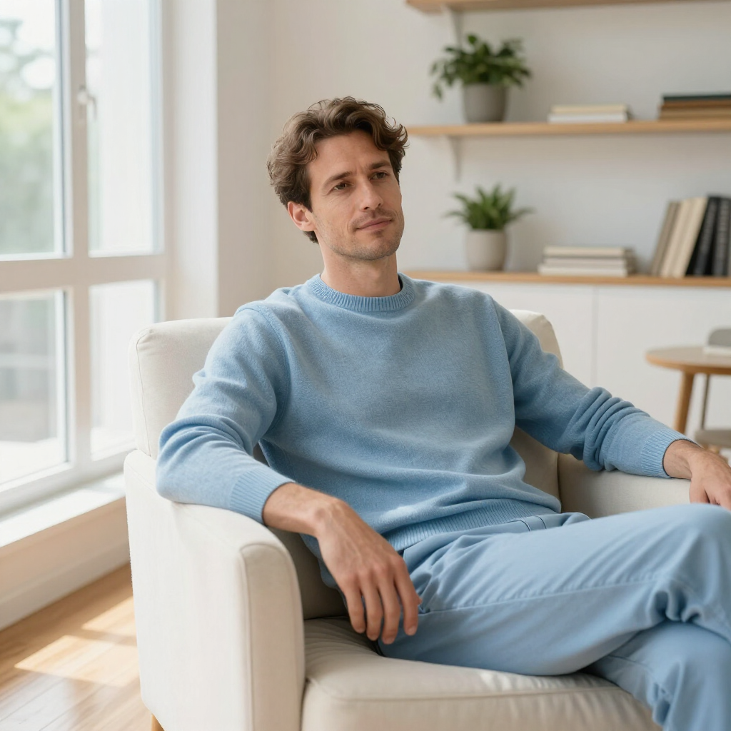 Man sitting on a white sofa in a bright living room with shelves and plants