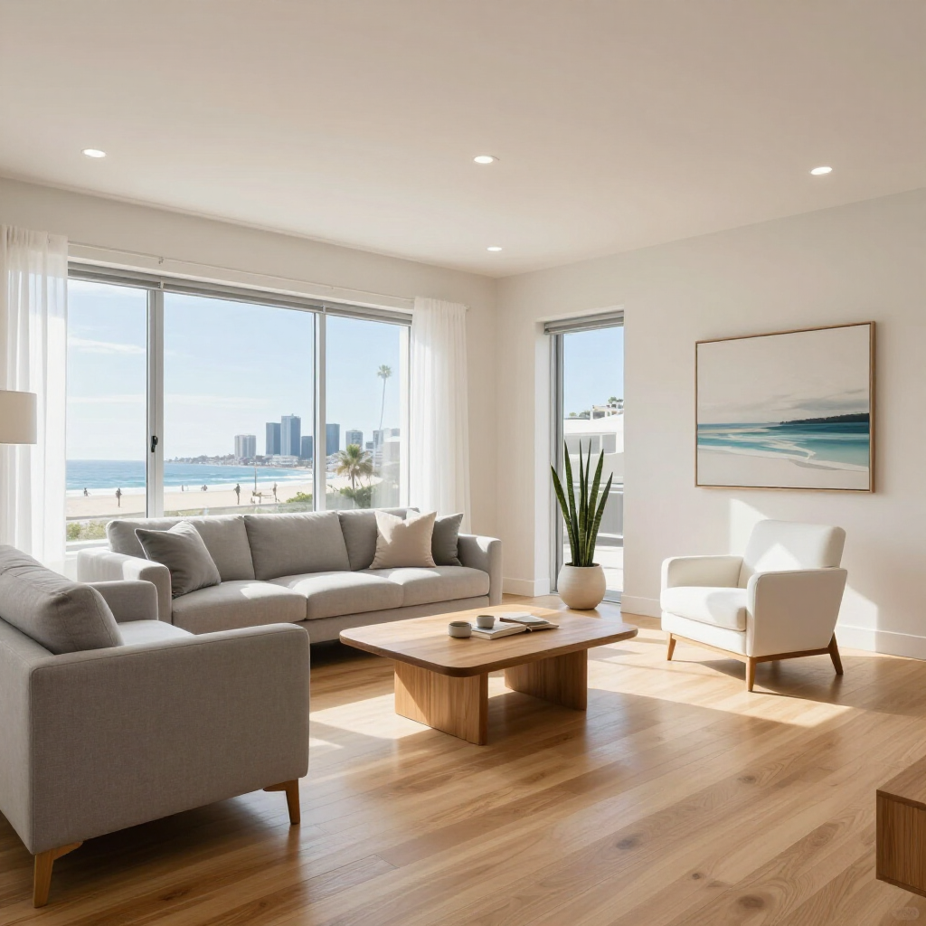 Bright modern living room with gray sectional, wood coffee table, white chair, and ocean skyline view