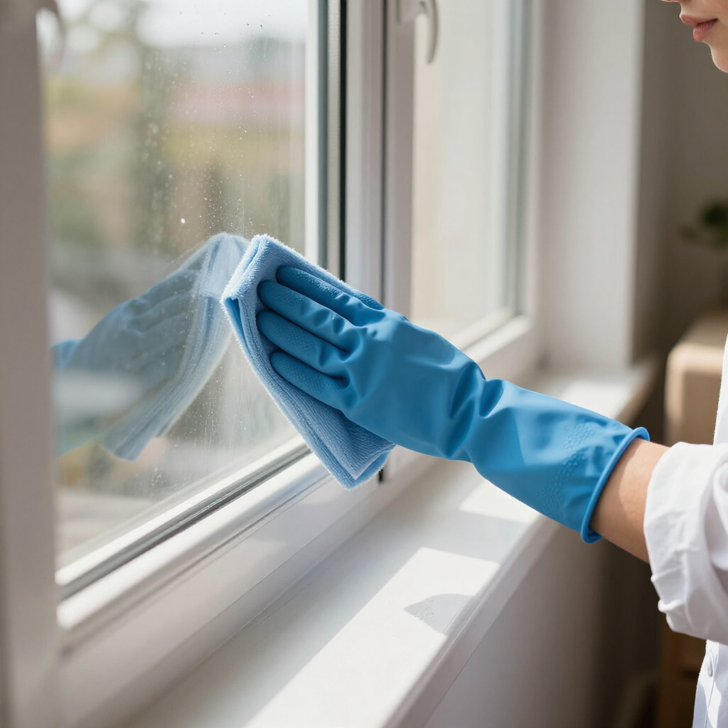 Blue-gloved hand wipes a window with a cloth in bright indoor light