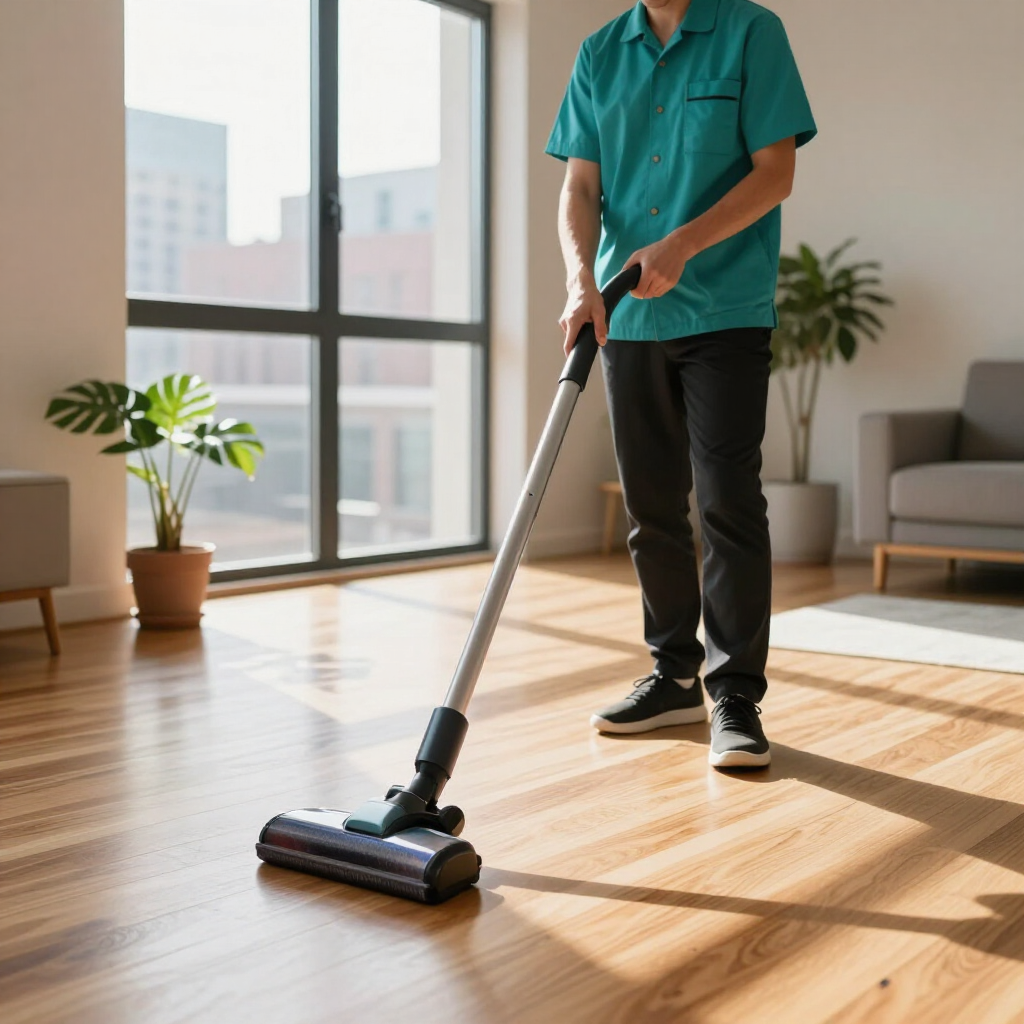 Person vacuuming a sunlit living room with a cordless stick vacuum near large windows.