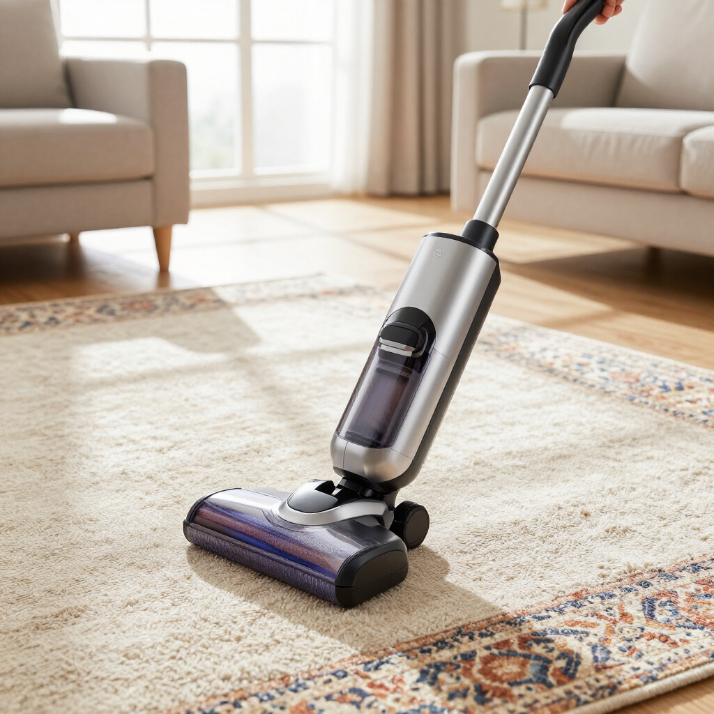 Cordless stick vacuum cleaning a beige rug in a sunlit living room