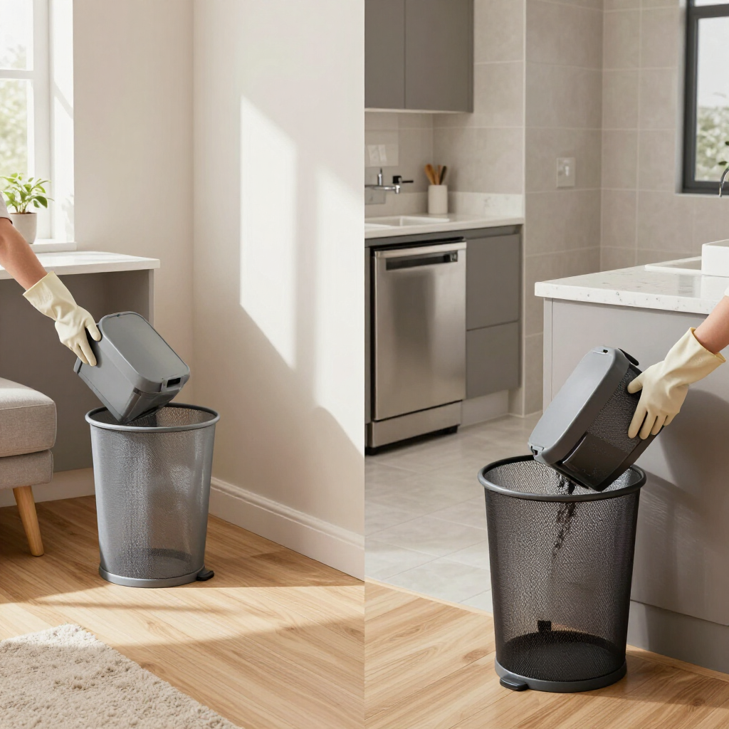 Hands emptying black bins into larger trash cans in a bright kitchen and dining area