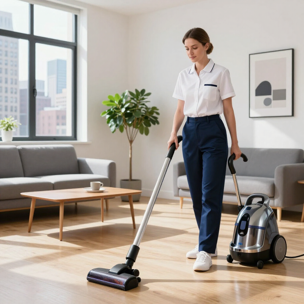 Woman vacuuming a bright living room beside a couch, coffee table, and large window