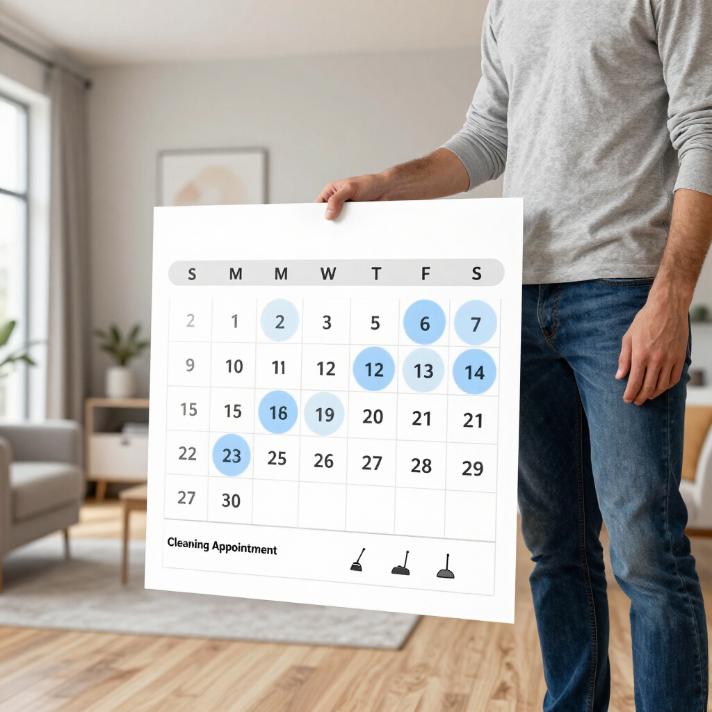Person holding a large wall calendar with several blue-circled dates in a bright room
