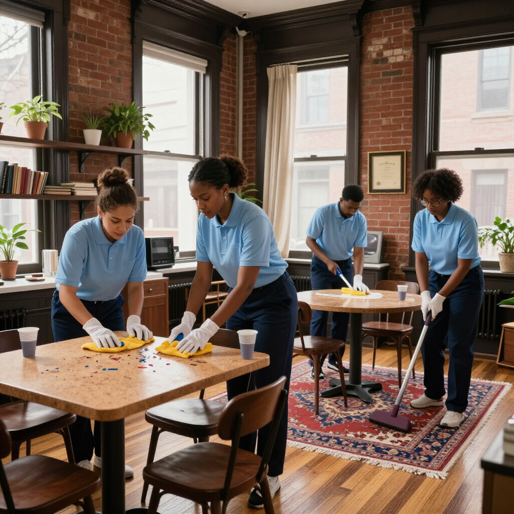 People in blue shirts cleaning tables in a bright brick-walled café
