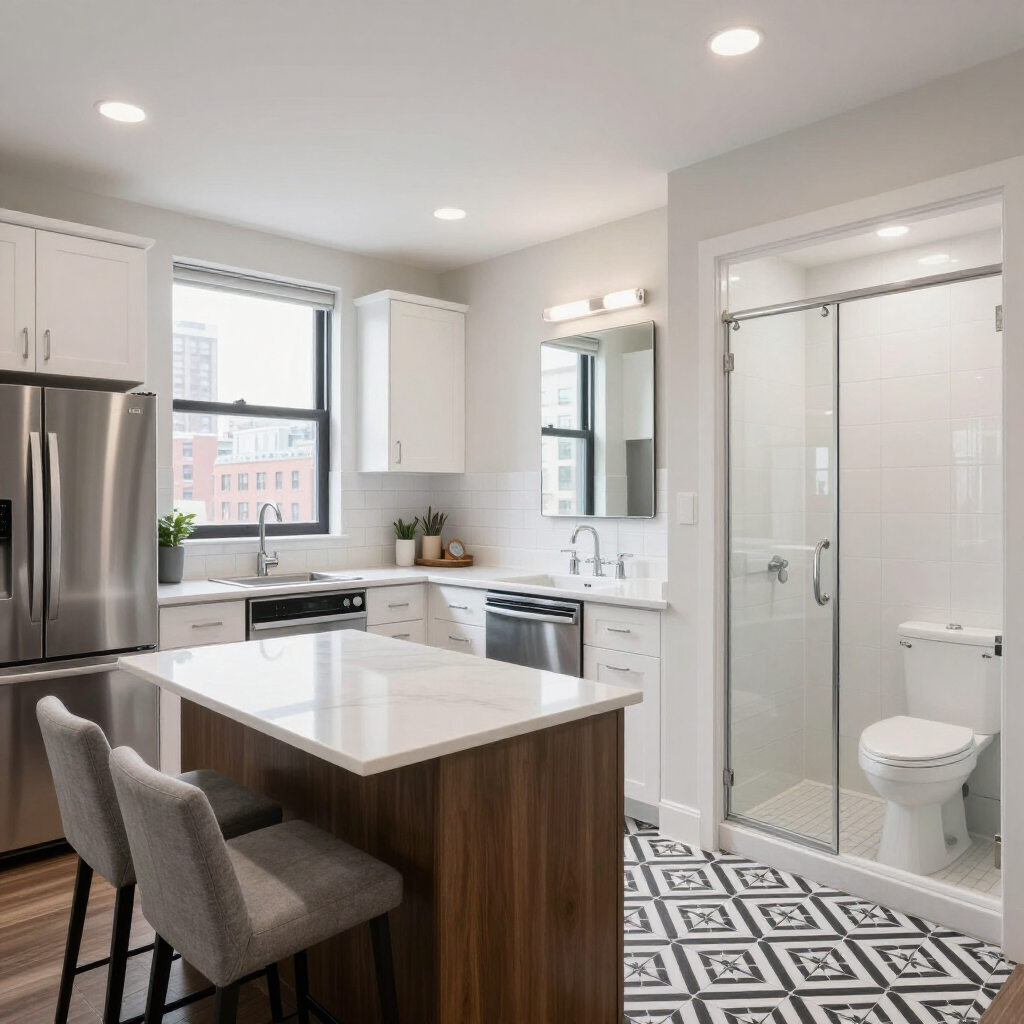 Bright modern kitchen with white cabinets, gray island chairs, and a small bathroom visible through a glass door