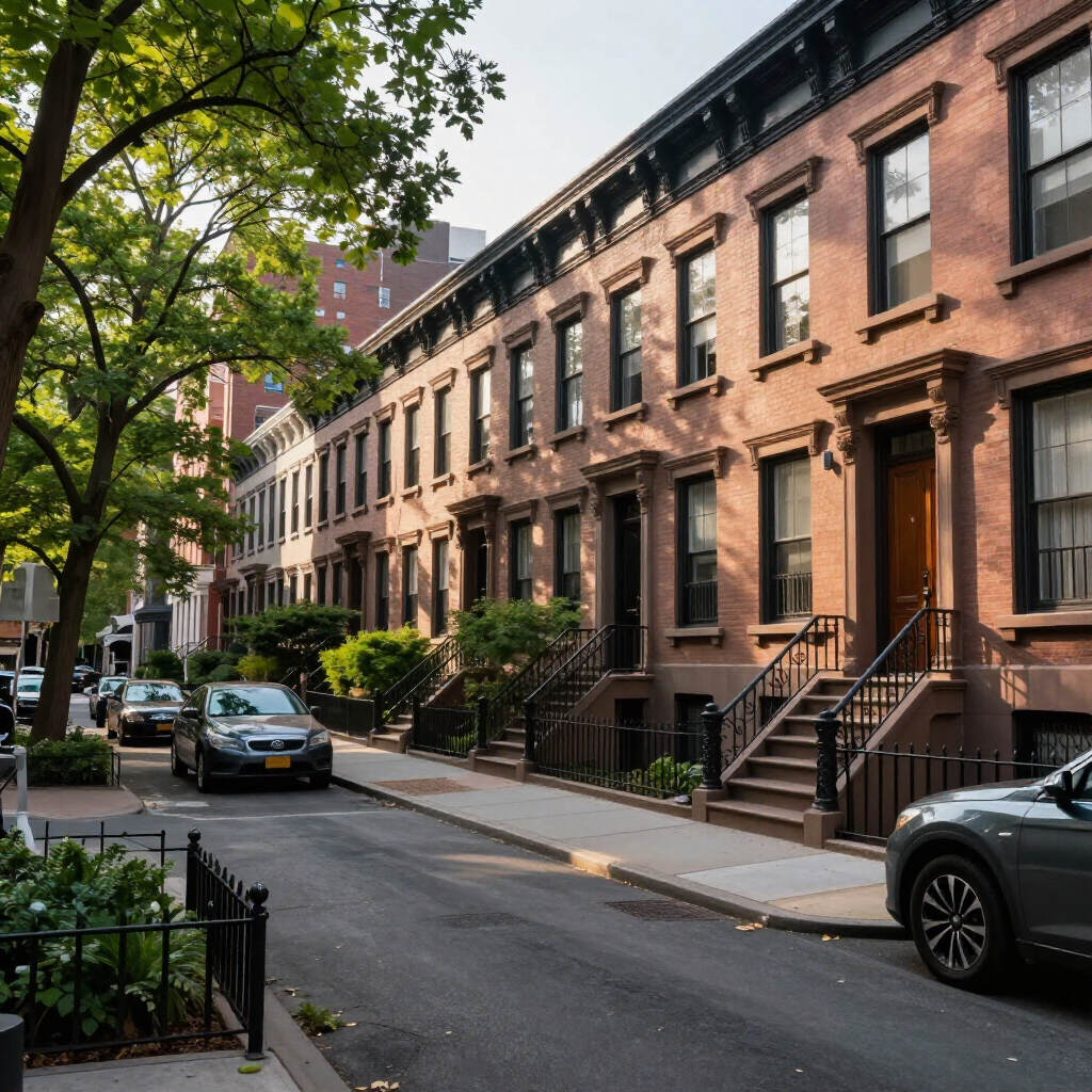 Tree-lined city street with brownstone rowhouses, parked cars, and a sidewalk in afternoon light