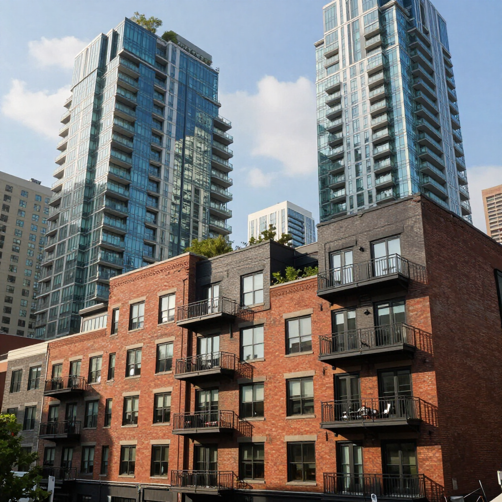 Red brick low-rise apartments in front of two tall glass high-rises under a blue sky