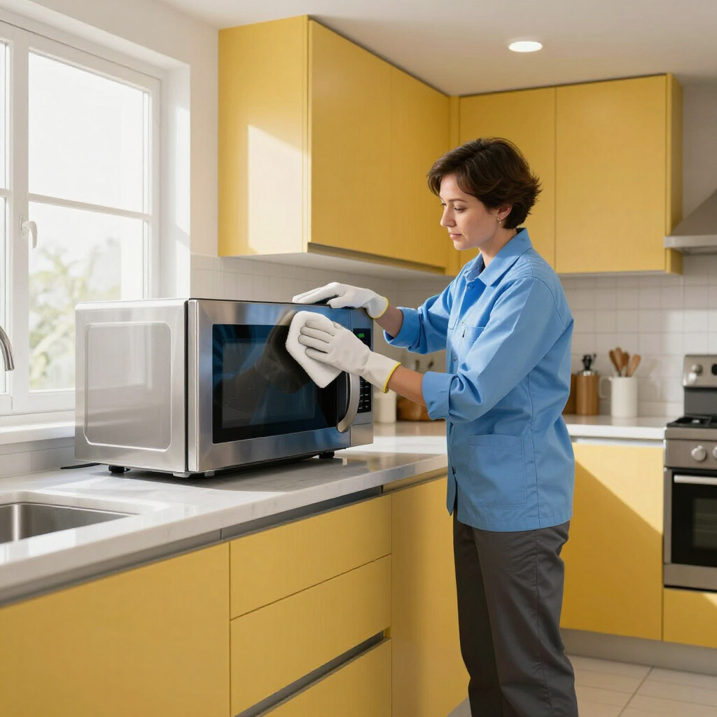 Person cleaning a microwave in a bright yellow kitchen with a cloth