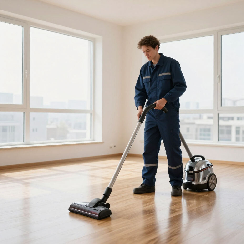 Technician vacuuming a sunlit room with hardwood floors and large windows
