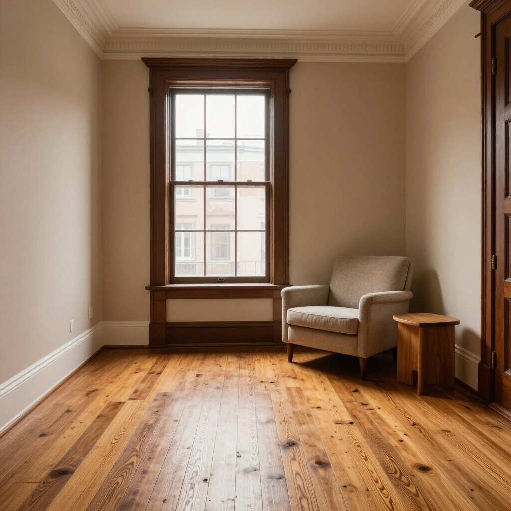Empty beige room with hardwood floors, a large window, and a chair beside a small wooden side table.