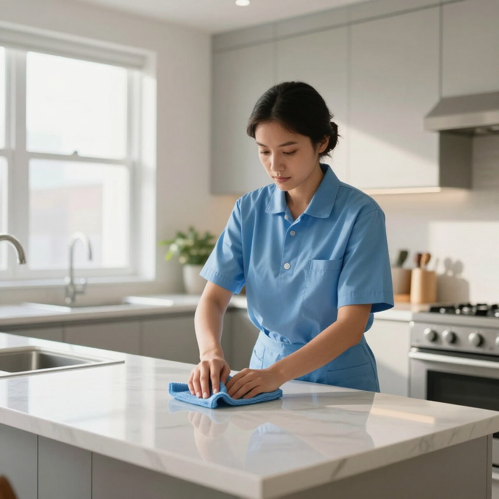 Person wiping a white kitchen countertop with a blue cloth in a bright modern kitchen