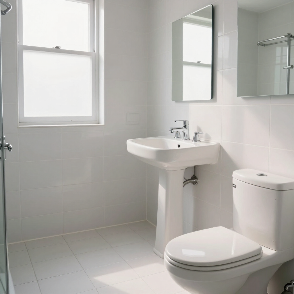 Bright white bathroom with a toilet, pedestal sink, mirror, window, and wall-mounted shelving