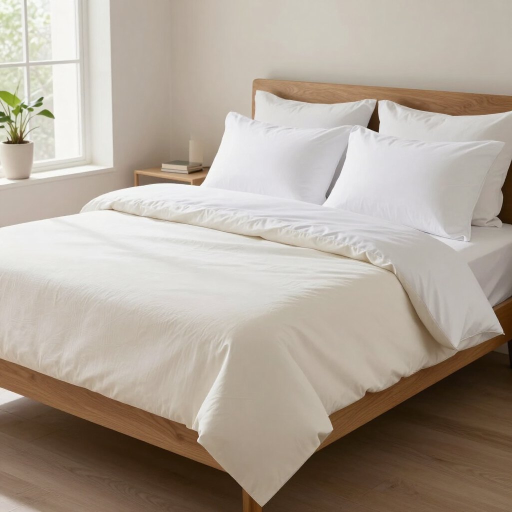 Minimalist bedroom with white bedding on a wooden bed near a bright window and potted plant