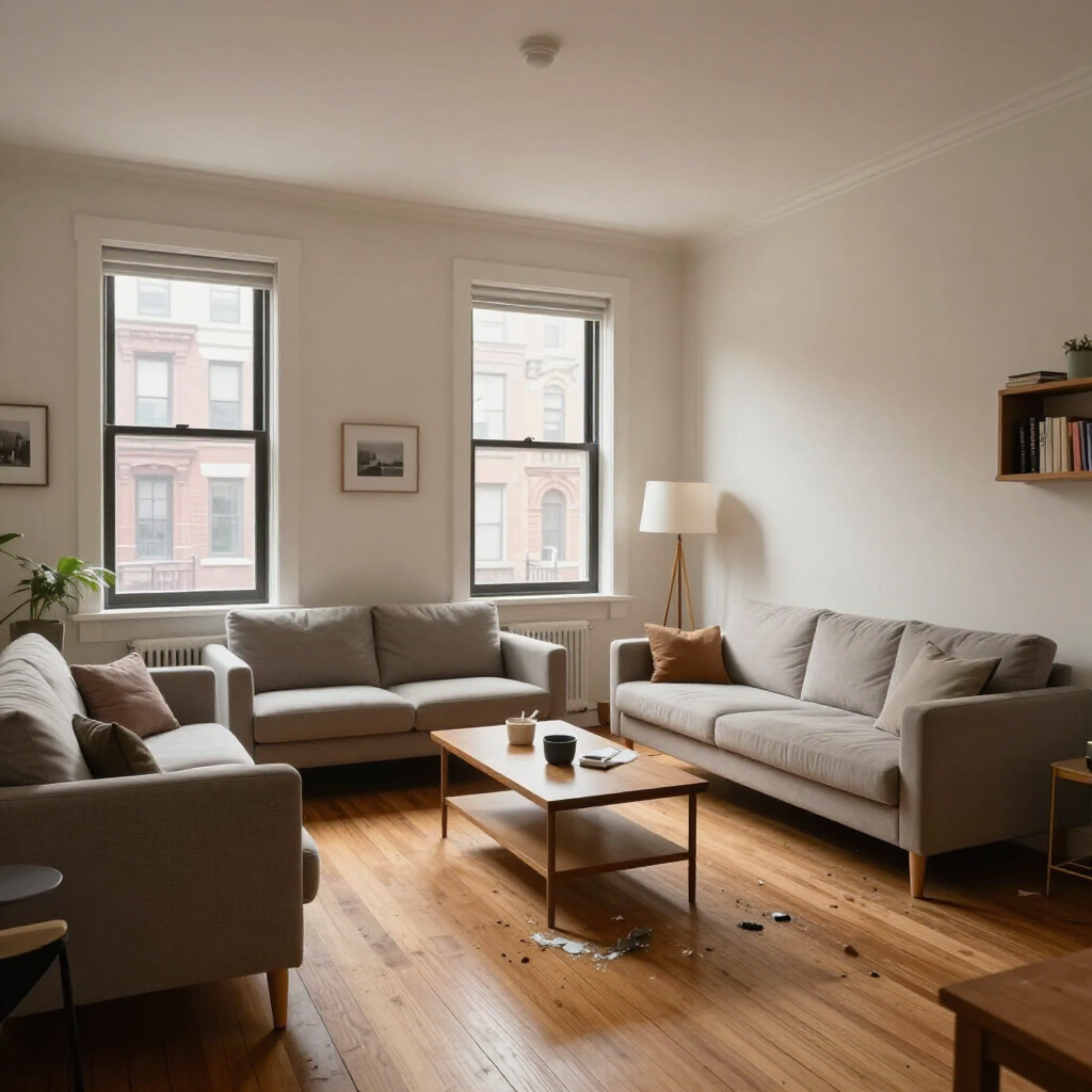 Bright living room with two gray sofas, wooden coffee table, floor lamp, and sunlight through tall windows