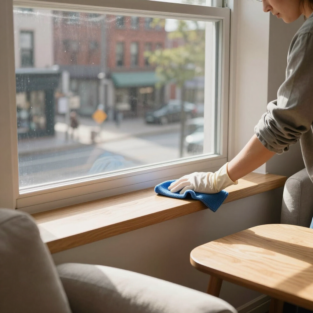 Person wiping a sunlit windowsill with a blue cloth in a bright room