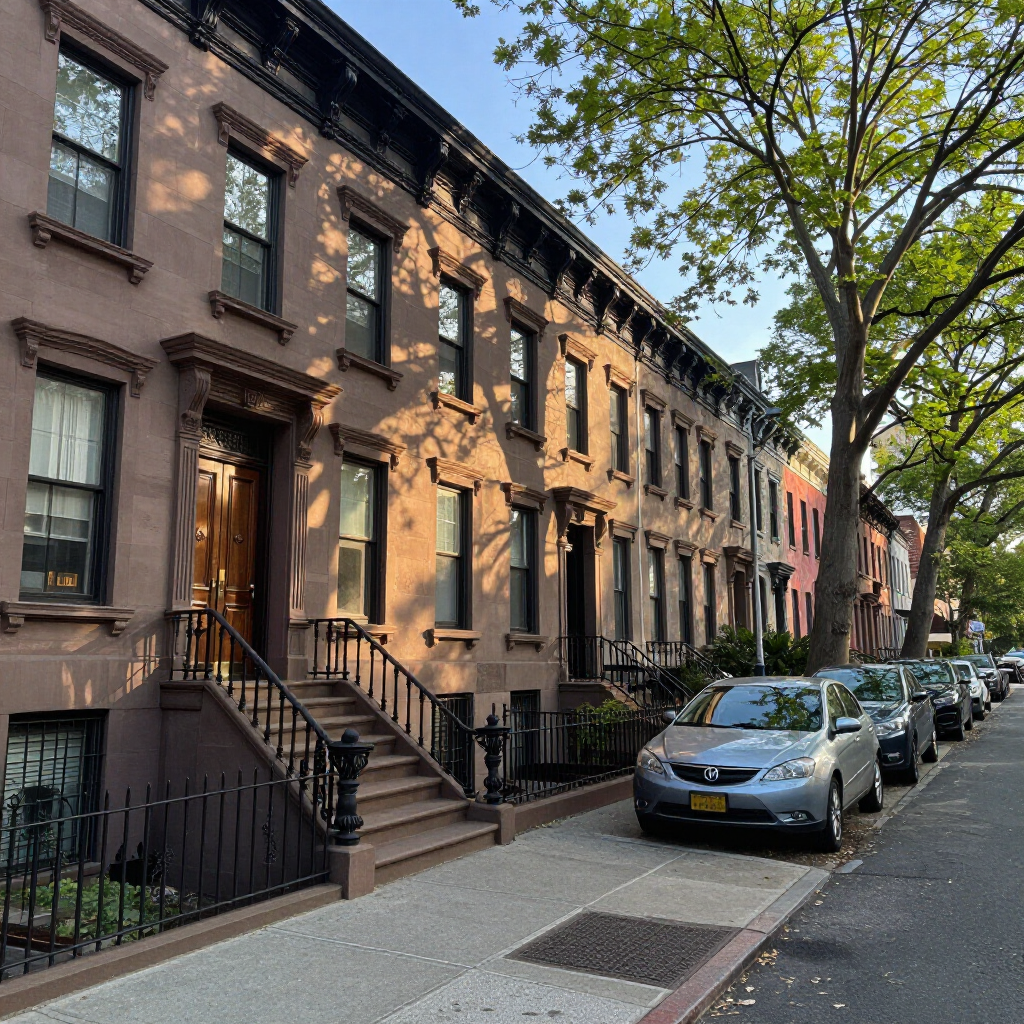 Row of brownstone townhouses on a sunny city street, with parked cars and leafy trees.