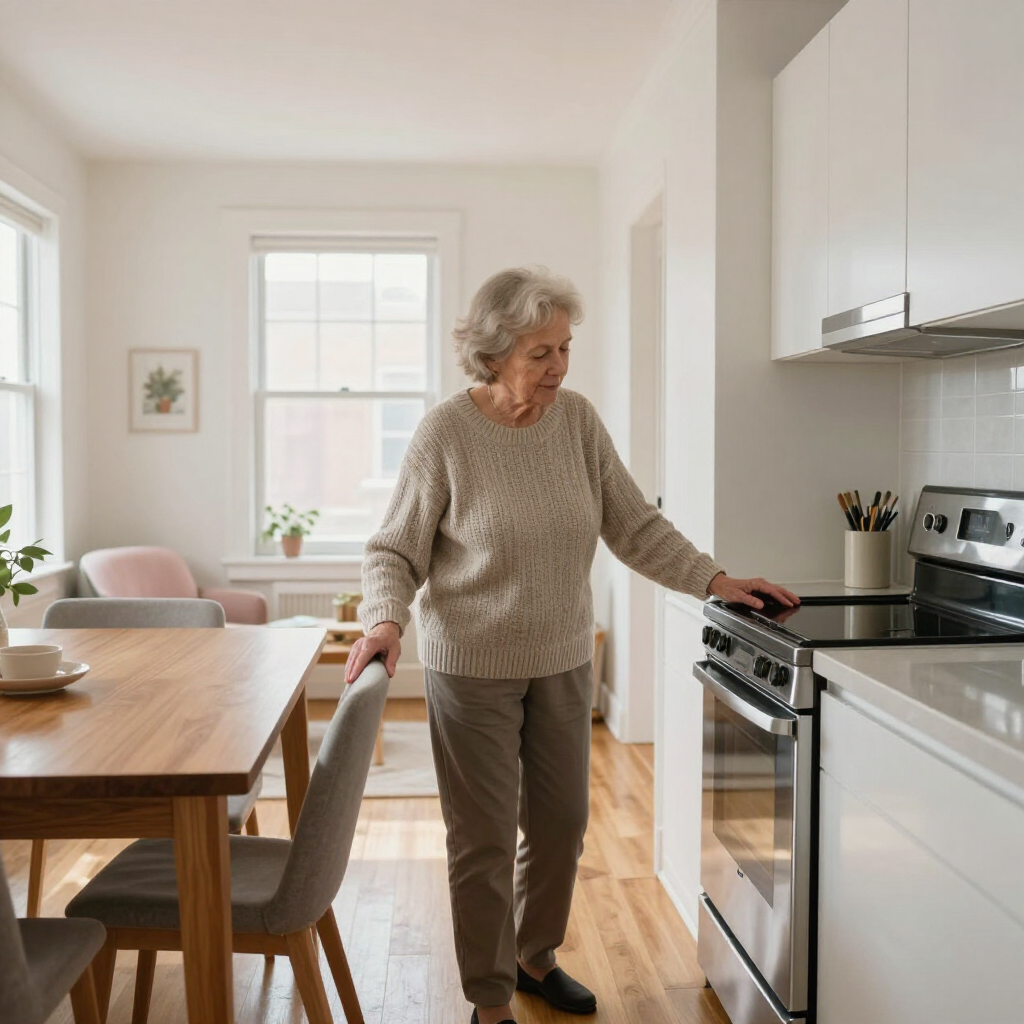 Older woman cooking in a bright kitchen, adjusting a stovetop burner beside a wooden table