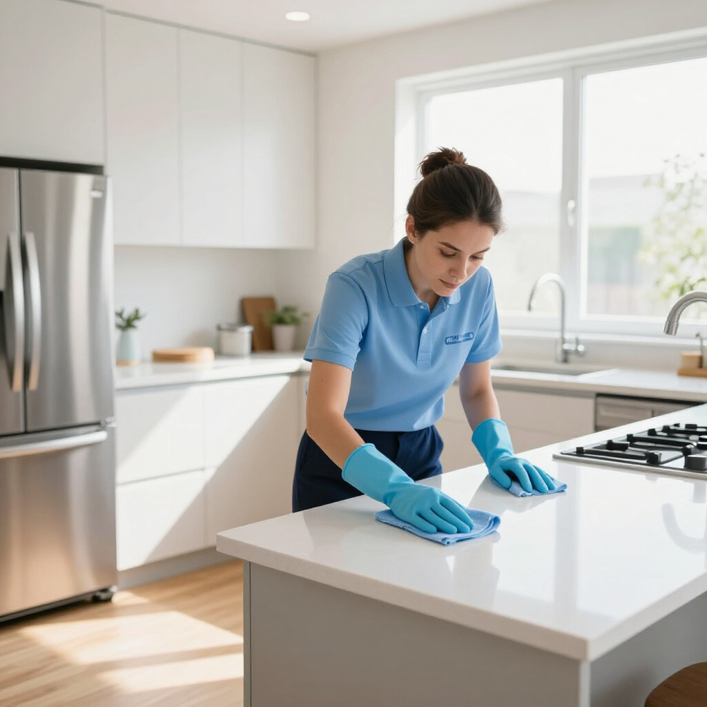 Person in blue cleaning a white kitchen counter with gloves and spray bottle