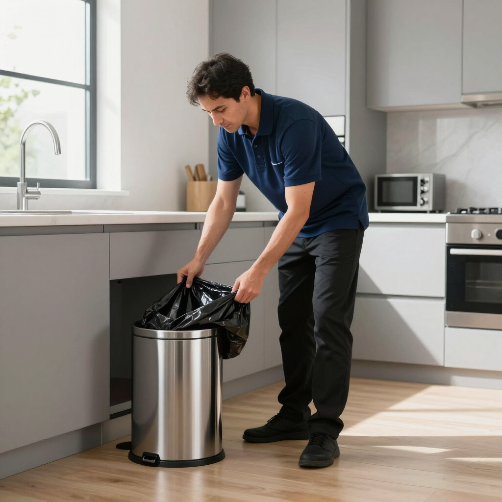 Person placing a trash bag into a stainless steel kitchen trash can