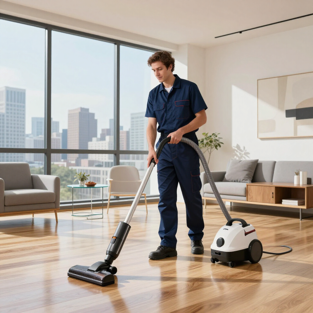 Person vacuuming a bright living room with a canister vacuum and city view windows