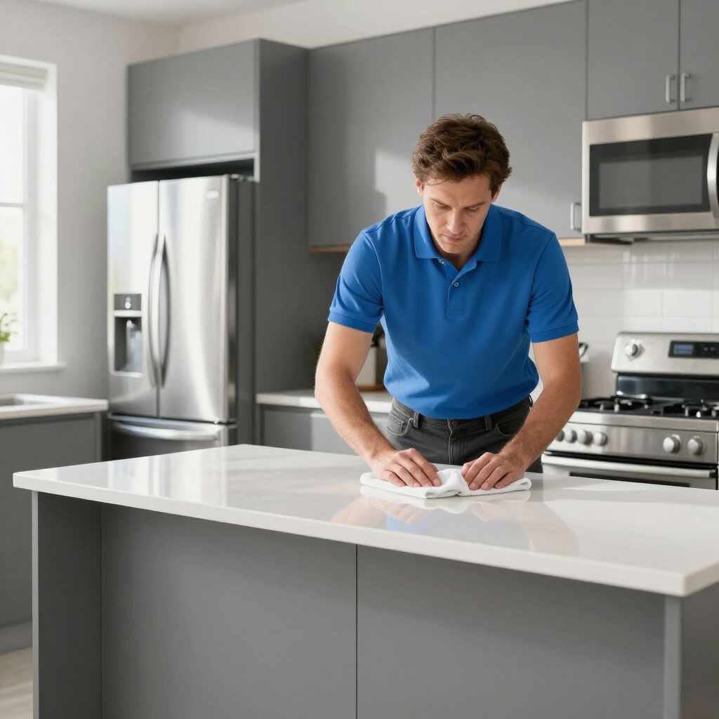 Man in blue shirt cleaning a white kitchen island in a modern gray kitchen