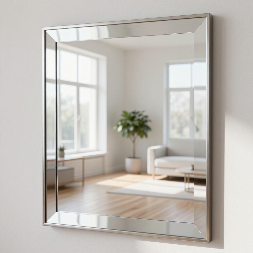 Modern silver-framed wall mirror reflecting a bright living room with windows, sofa, and plant