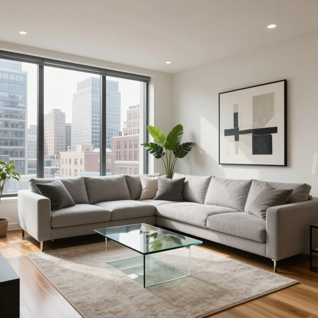 Modern living room with gray sectional sofa, glass coffee table, large windows, and city skyline view