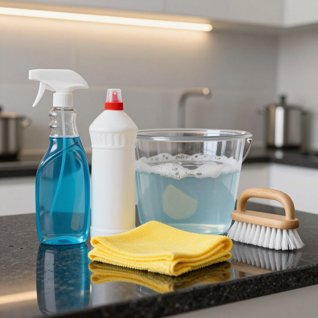 Cleaning supplies on a kitchen counter: spray bottle, detergent, bucket, brushes, and yellow cloths.