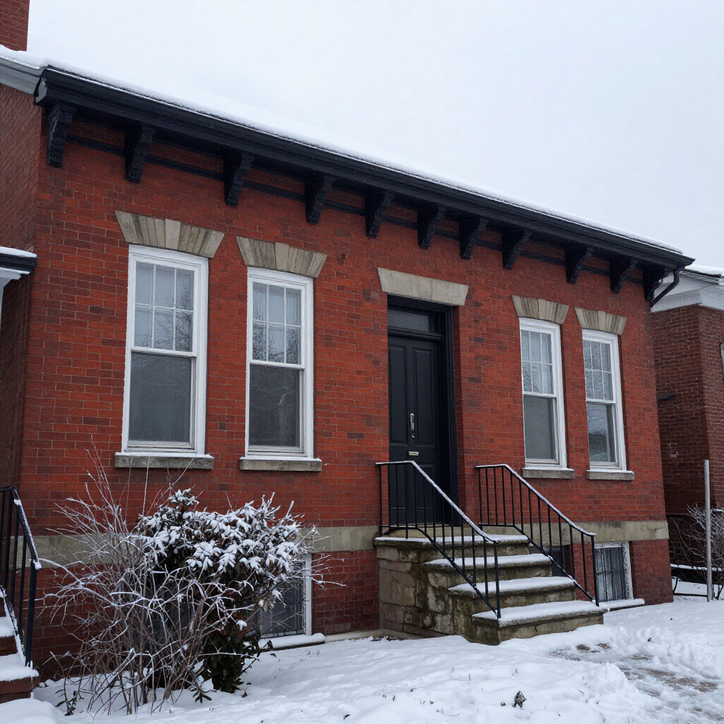 Snow-covered red brick house with white-trimmed windows and a front stoop with black railings