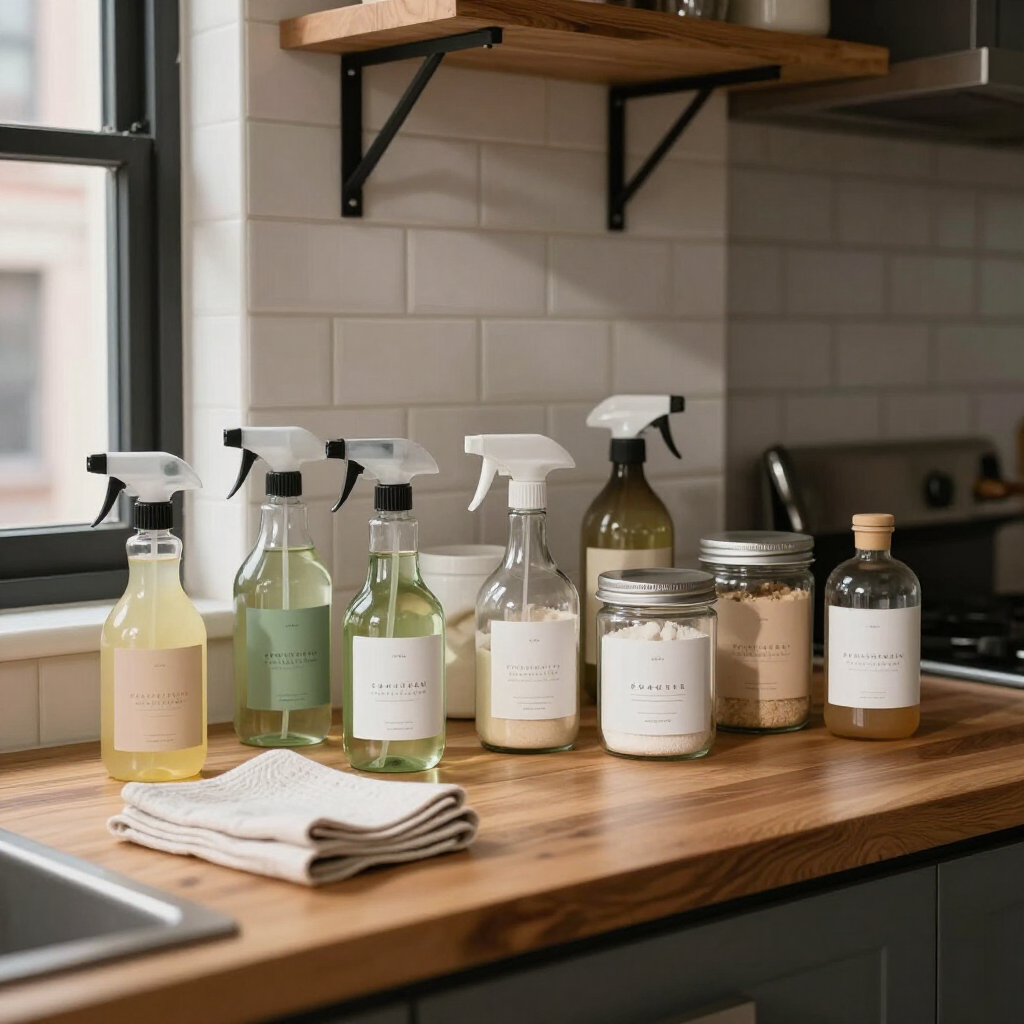 Assorted cleaning spray bottles and jars lined up on a wooden kitchen counter by a window.