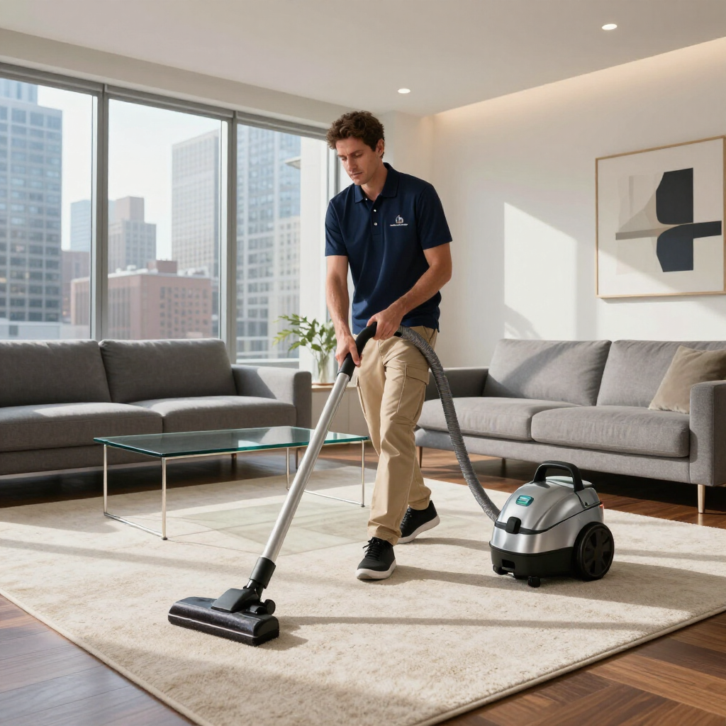 Man vacuuming a beige rug in a bright living room with gray sofas and city windows.