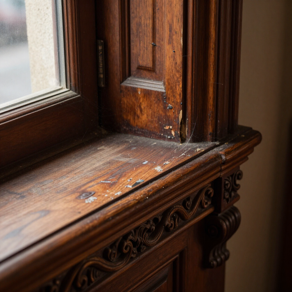 Close-up of a worn wooden window sill and frame with ornate carved trim and chipped paint.