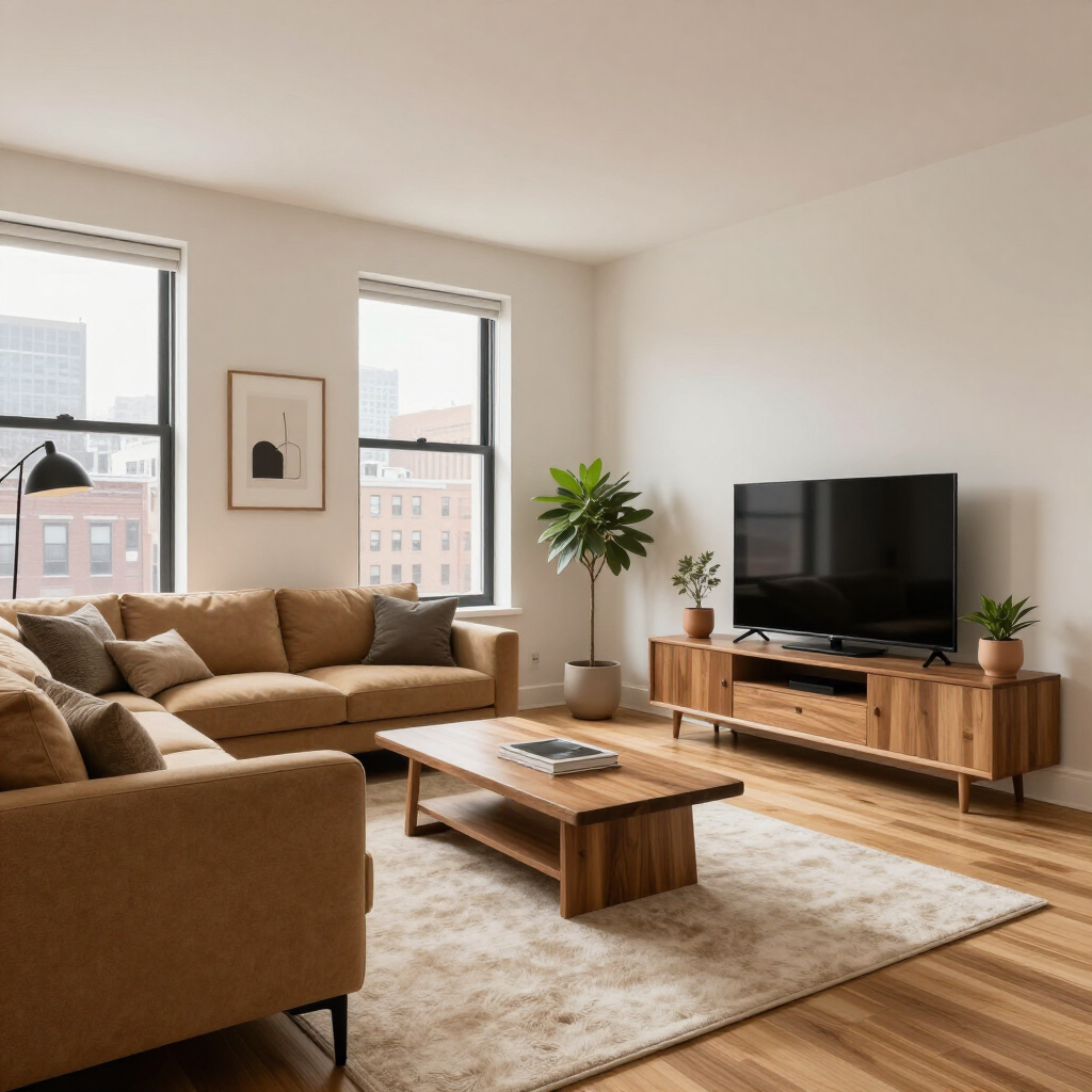 Bright living room with tan sofas, wooden coffee table, TV console, and large windows