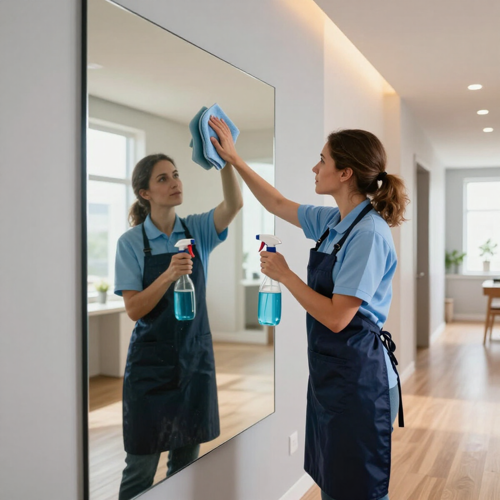 Cleaner wiping a wall mirror while holding a spray bottle in a bright hallway