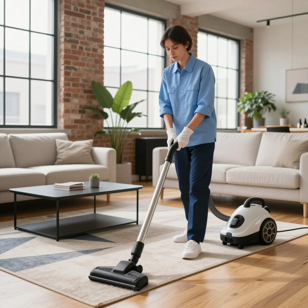 Person vacuuming a bright living room with a canister vacuum and beige sofas in the background
