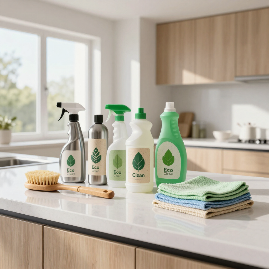 Eco-friendly cleaning supplies and folded cloths on a bright kitchen counter