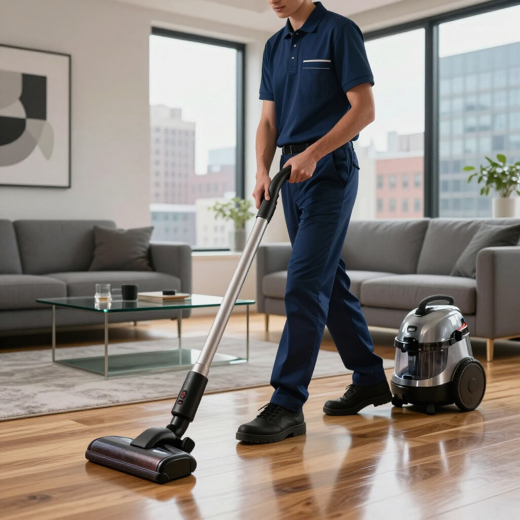 Vacuum cleaner on hardwood floor in a modern living room, with a worker cleaning nearby.