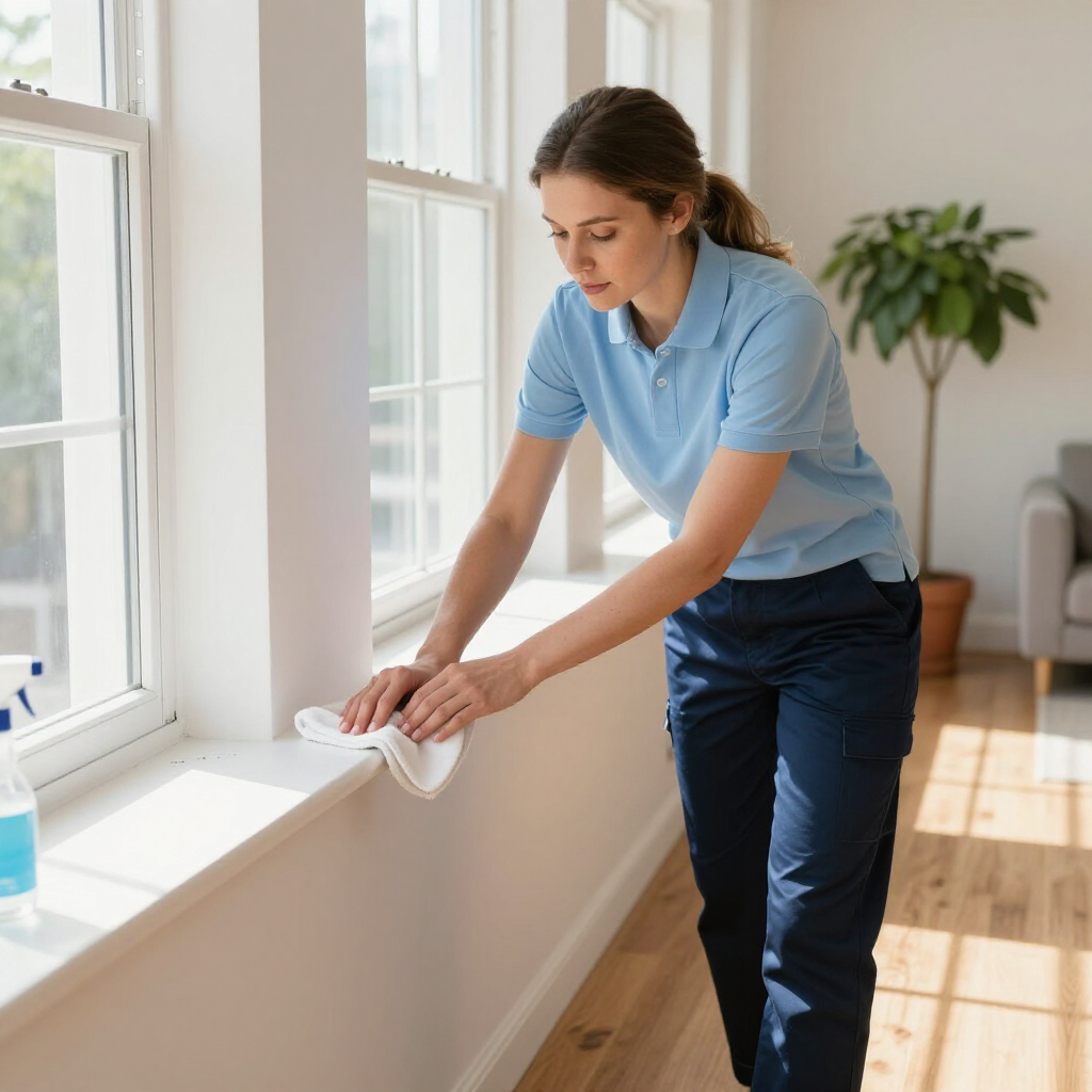 Person cleaning a windowsill in a bright room with a cloth and spray bottle