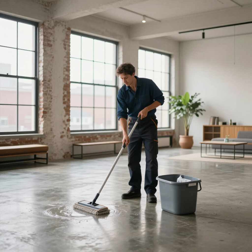 Person mopping a polished floor in a bright loft, with a gray bucket nearby.