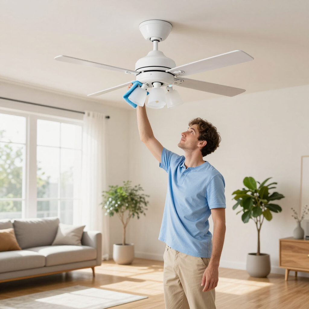 Man in blue shirt adjusting a white ceiling fan in a bright living room