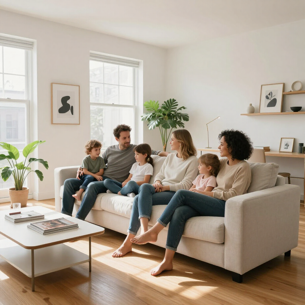 Family relaxing together on a beige sofa in a sunlit living room with plants and a coffee table