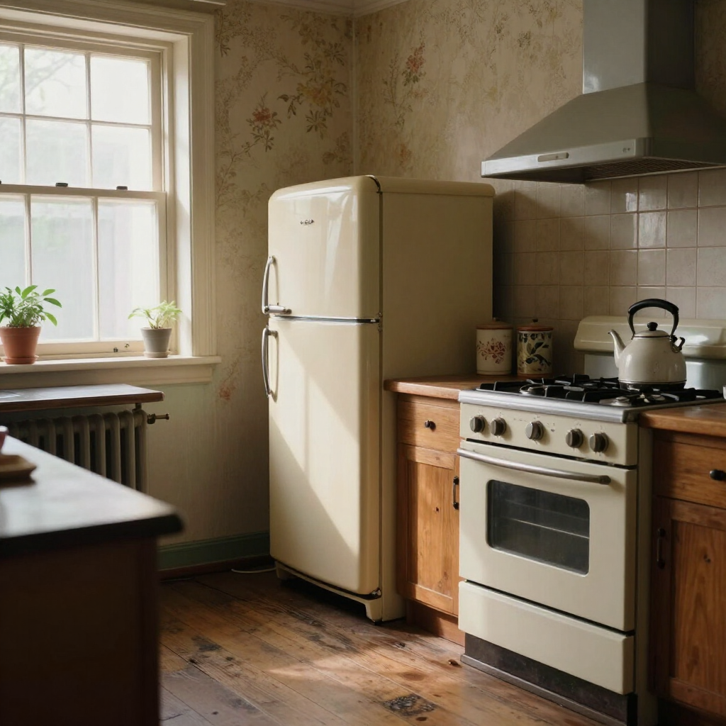 Cozy vintage kitchen with a window, cream fridge, wood cabinets, and a stove with a kettle.