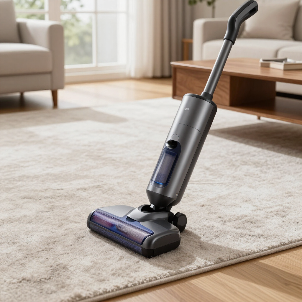 Cordless stick vacuum cleaning a beige carpet in a bright living room