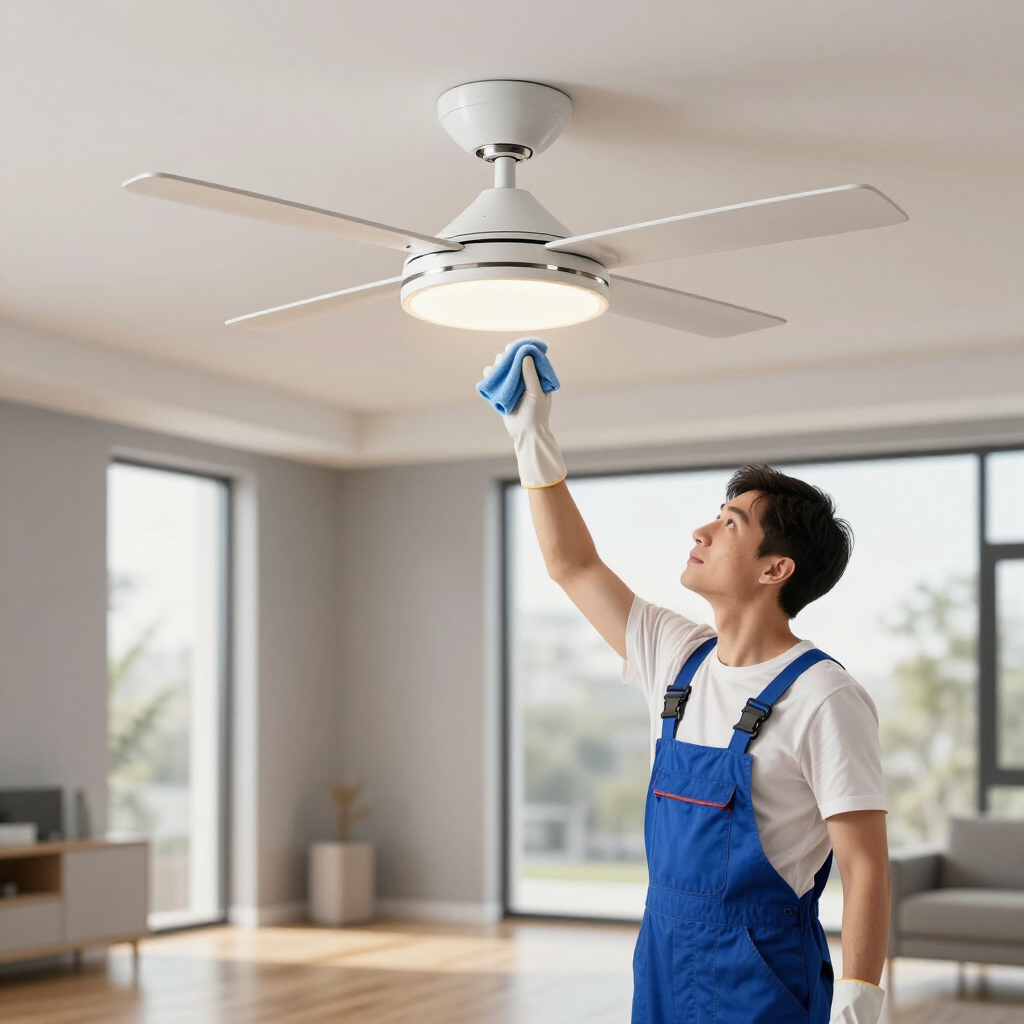 Person in blue overalls dusting a ceiling fan in a bright living room
