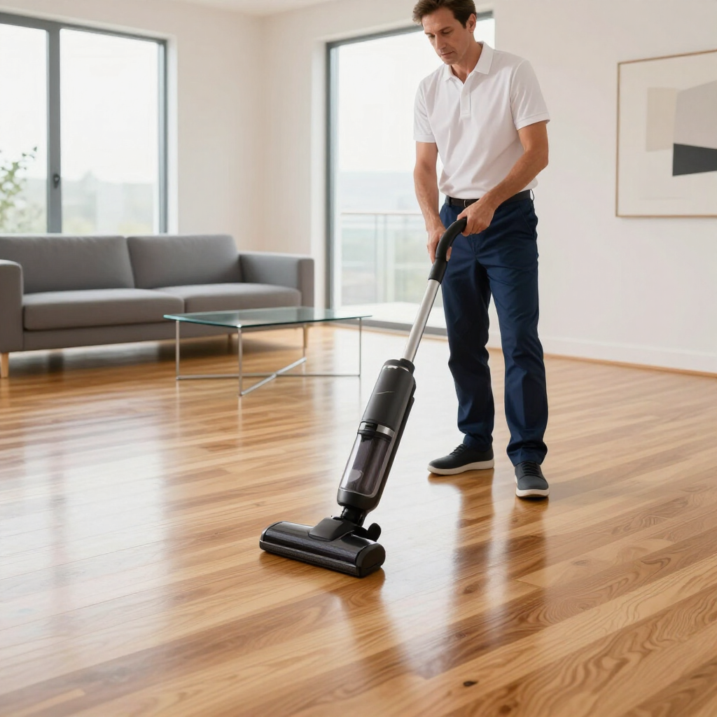 Man vacuuming a sunlit hardwood floor in a modern living room with a canister vacuum and sofa nearby