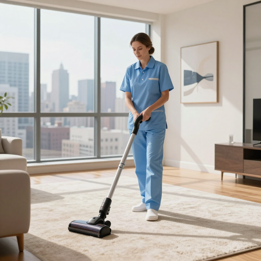 Woman in blue scrubs vacuuming a bright living room with city windows in the background
