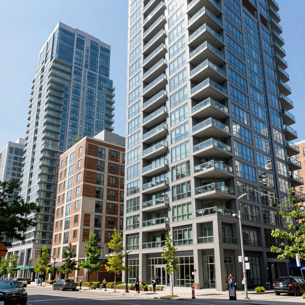 Modern high-rise apartment buildings with glass balconies along a city street in bright daylight