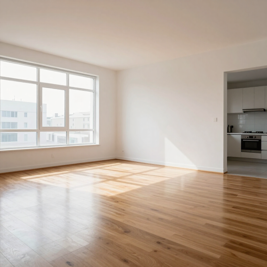 Empty sunlit apartment room with large windows, hardwood floors, and a view into the kitchen