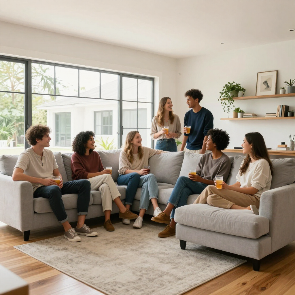 Group of people chatting in a bright living room with sofas, large windows, and shelves with plants.